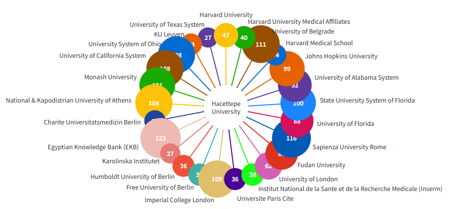 Hacettepe Üniversitesi’nin uluslararası işbirliklerini gösteren dairesel grafik